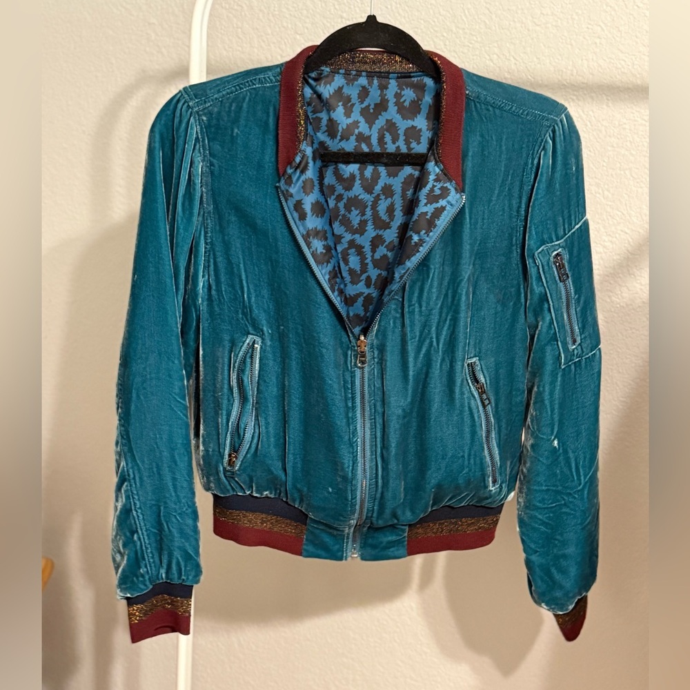 Pam & Gela Blue velvet Bomber Jacket, cheetah print lining and gold hardware